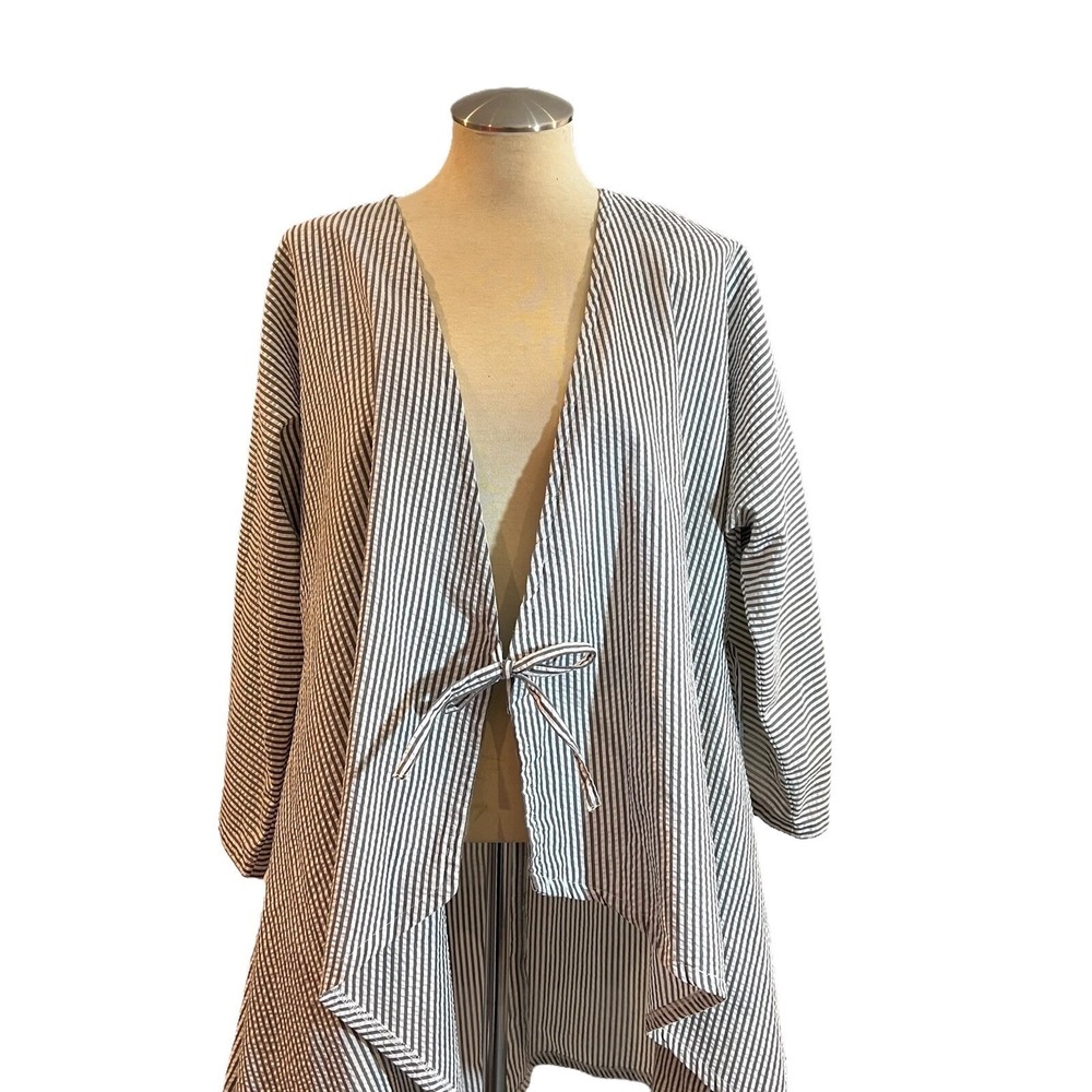 Striped Tie Front Cardigan Asymmetrical Lagenlook Boho Grunge Cover Up Size M - Picture 12 of 13